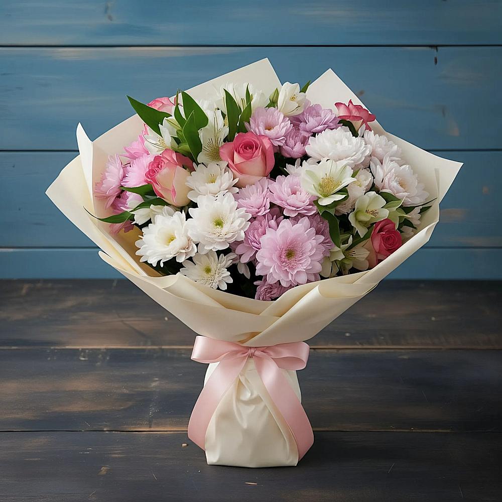 Букет цветов из: Хризантемы, Альстромерии и Розы в Котельники